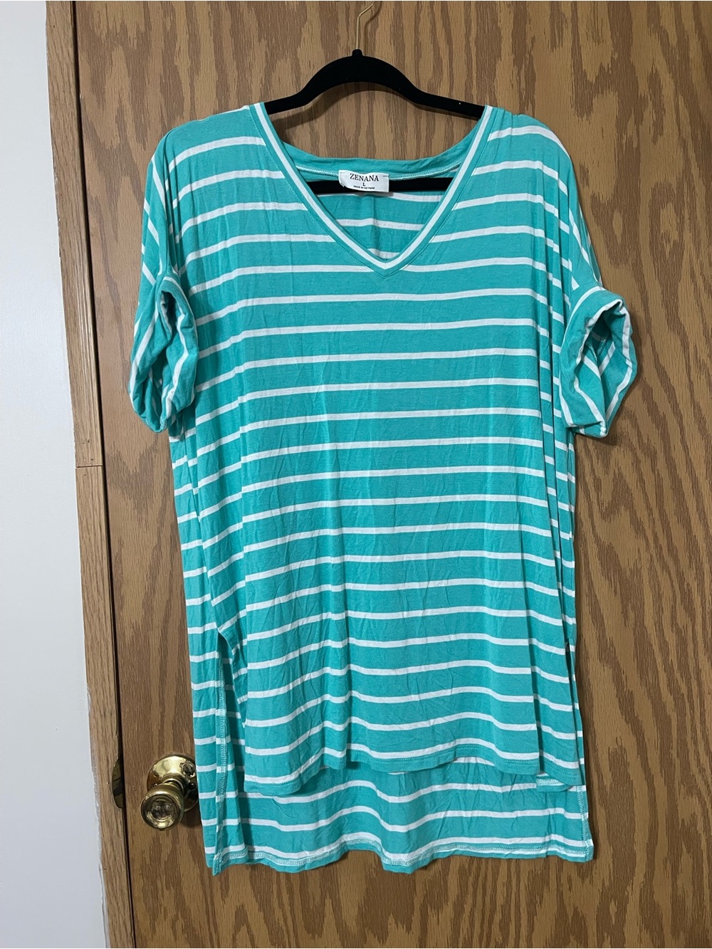 Zenana Outfitters Teal & White Striped V-Neck Tunic